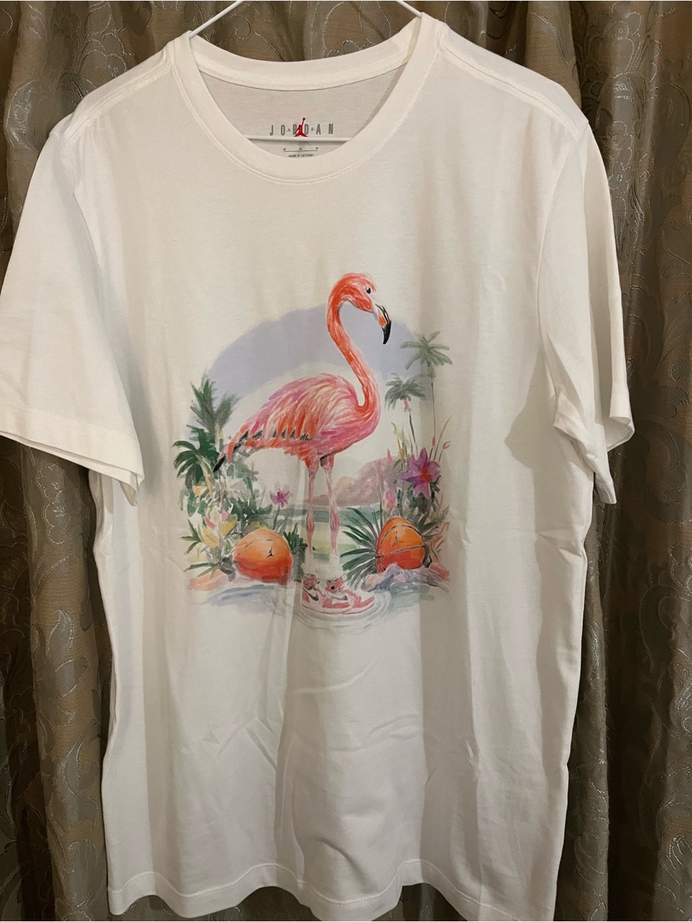 Jordan White Tee with Pink Flamingo Graphic